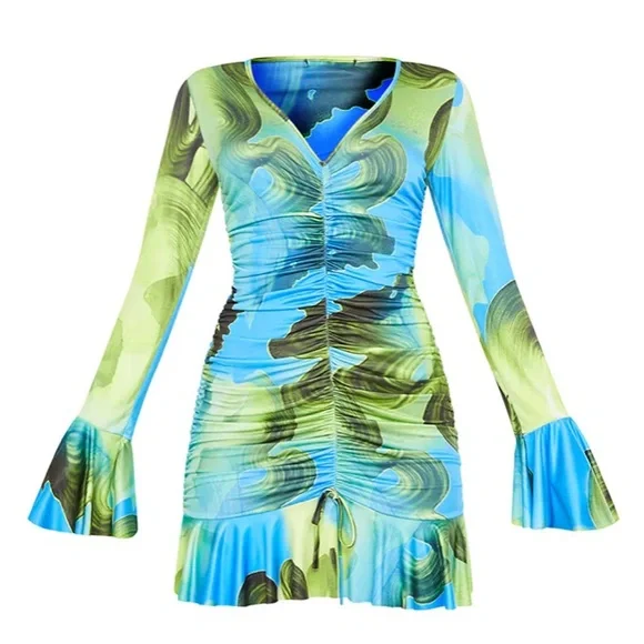plt blue ruched dress PrettyLittleThing Women's Plus Abstract Print Chiffon Ruched Drape Midi Dress in Blue